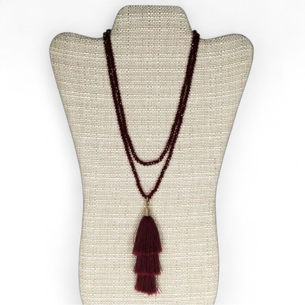 Vintage Garnet Red Sparkly Faceted Crystal Stacked Tassel Necklace – 36" Long - Picture 5 of 15